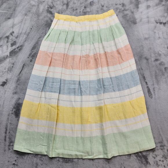 Vintage 70s Skirt Women W28 Pastel Striped Pleated Button Front Midi Cottagecore - Picture 2 of 5